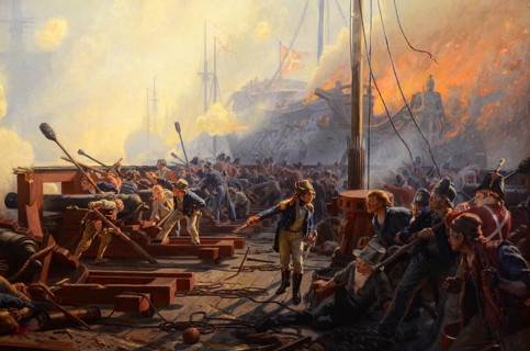 Medieval Danish naval battle where officer Peter Willemoes drives the men into a damaged cannon