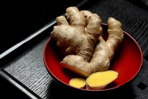 Ginger, ginger root in tea bowl, Zingiber officinale, tea preparation