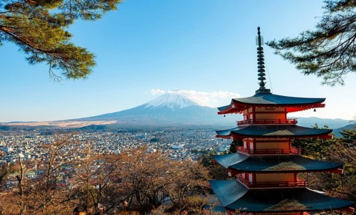 Five-story pagoda of a Shinto Shrine, Chureito Pagoda, with views of Fujiyoshida City and Mount