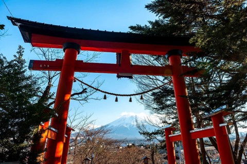 Red Torii Gate at Shinto Shrine Arakura Fuji Sengen Shrine, view of Mount Fuji Volcano Mountain,