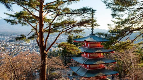 Five-story pagoda of a Shinto Shrine, Chureito Pagoda, Arakura Fuji Sengen Shrine, Arakurayama
