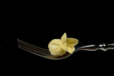Saccottini, type of Italian pasta on fork, pasta from Italy