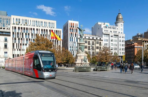 Light rail tram city public transport system CAF Urbos 3 trams, Tranvía de Zaragoza, Plaza de