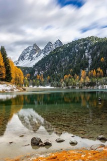 Lake Palpougna, mountain lake, Piz da la Plais, Tschimels, mixed forest with larches (Larix) in