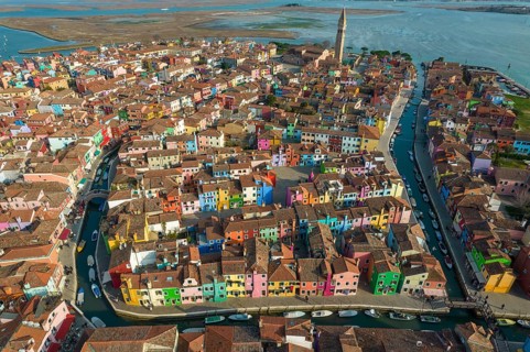 Aerial view of Burano, Venice, Veneto, Italy