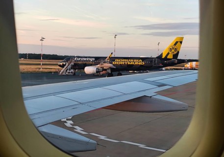 View from an airplane of the runway with the Borussia Dortmund crew airbus, airport, Düsseldorf,