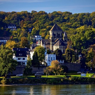 Catholic church of St. Peter and Paul in Remagen with the river Rhine at kilometer 634,