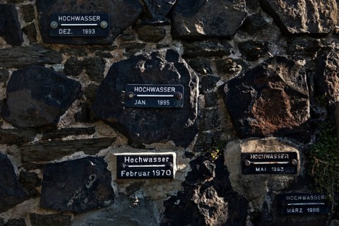 Rhine flood marks on the city wall of Unkel, Neuwied district, Rhineland-Palatinate, Lower Middle