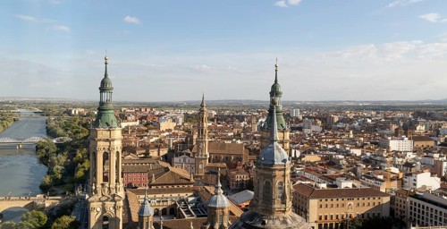 Rooftops of cathedral church Basilica of Our Lady of the Pillar, city centre of Zaragoza, Aragon,