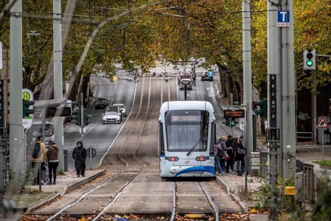 Bogestra tram, line 302 on Alleestraße, driving school, training trip, tram line in the middle of
