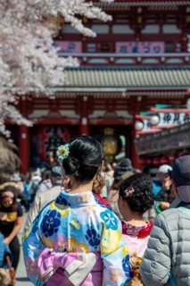 Two young Japanese woman wearing kimono surrounded by numerous visitors on Nakamise-dori shopping