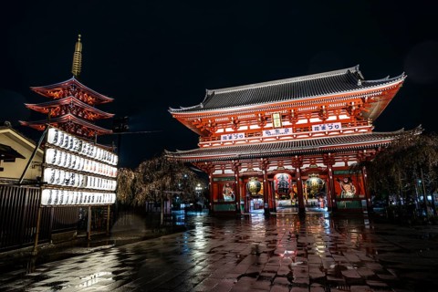 Illuminated five-story pagoda and Hozomon treasure chamber gate of Asakusa Shrine or Senso-ji