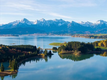 Extensive nature with mountains, a quiet lake and autumn colors, Illasbergsee, Forggensee, near