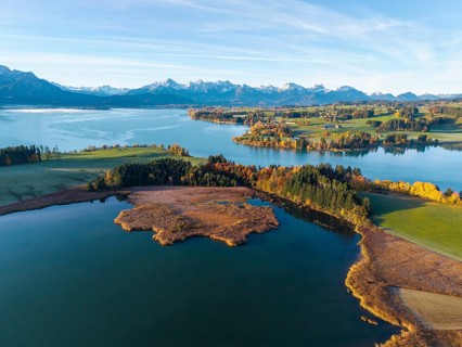 Clear lake with surrounding colorful autumn forests and the Alps in the background, Illasbergsee,
