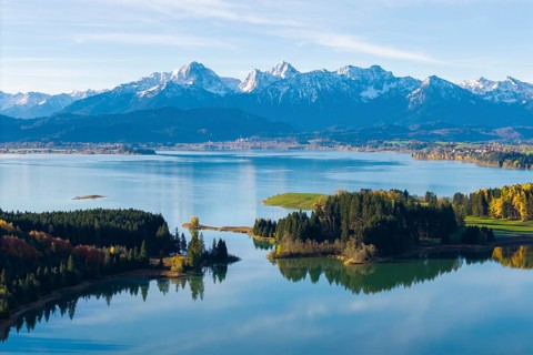 Nature picture with mountains, a quiet lake and clear reflections, Illasbergsee, Forggensee, near