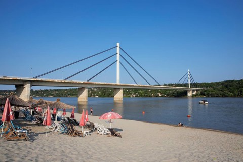 City beach on the Danube and Freedom Bridge, Novi Sad, Vojvodina Province, Serbia