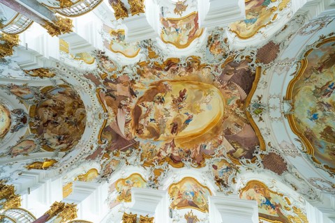 Opulent baroque ceiling frescoes with intricate details and vivid colors, ZFP Zwiefalten,