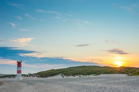 Red, white lighthouse Heligoland dune (Oberfeuer), striped, south beach, beach chairs, dunes,
