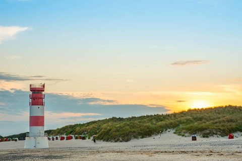 Red, white lighthouse Heligoland dune (Oberfeuer), striped, south beach, beach chairs, dunes,