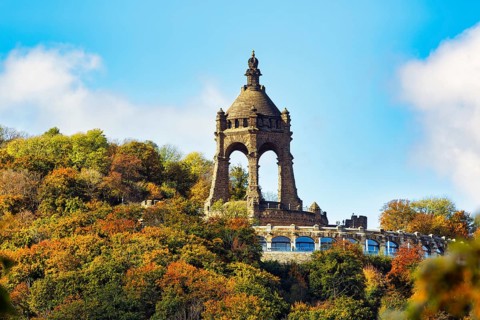 Kaiser Wilhelm Memorial, national monument with dome, landmark, restaurant on viewing platform,