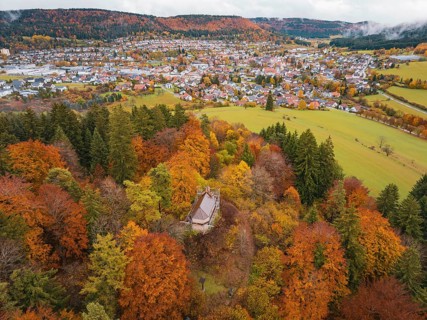 Pavilion in the middle of a colorful autumn forest with a view of a distant city and hills under