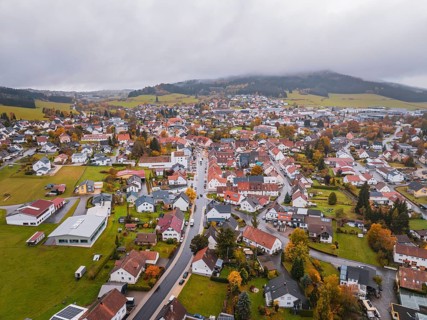 Urban landscape with a dense network of houses, surrounded by autumnal nature and hills, Wehingen,