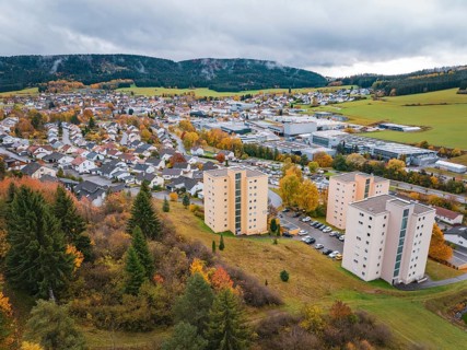 Aerial view of a village with skyscrapers and autumn leaves, Wehingen, Tuttlingen district, Germany