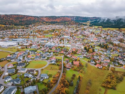 Spacious village surrounded by autumn landscape, photographed from the air, Wehingen, Tuttlingen