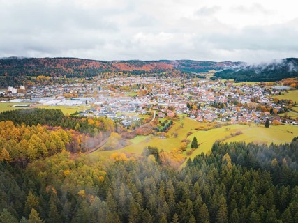 Village surrounded by autumn forests. Foggy hills and vivid colors, Wehingen, Tuttlingen district,
