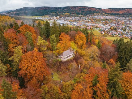 Small platform above a colorful autumn forest, the village in the background, Wehingen, Tuttlingen