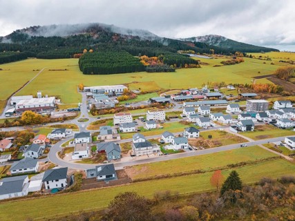 Urban area with houses and open fields in autumn landscape, Wehingen, Tuttlingen district, Germany