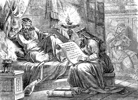 King Ahasuerus has the history books read aloud to him, The Book of Esther, chapter 6, Esther,