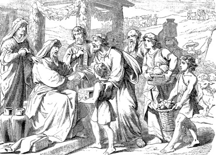 Job's renewed prosperity, everyone gave him a nice penny and a golden headband, The Book of Job,