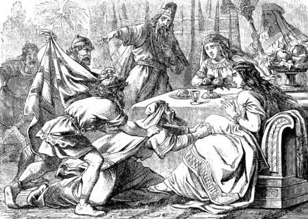 Haman stood up and asks Queen Esther for his life, King Ahasuerus wrath, The Book of Esther,