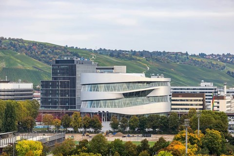 Office building at the headquarters of Mercedes-Benz Group AG in Untertürkheim. Mercedes-Benz