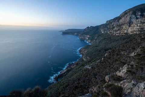Shipstern Bluff viewpoint. Blue hour with long exposure showing sunset over the cliffs of Cape