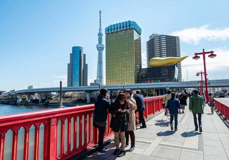 Visitors on the Azuma Bridge, Sumida City Skyline, Sumida City Office, Tokyo Skytree, Asahi Beer