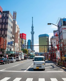 Street with typical Japanese houses, Sumida City skyline in the back, Sumida City Office, Tokyo