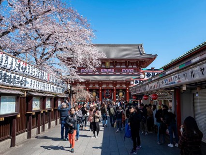 Nakamise-dori shopping street with lanterns, Hozomon Gate of Asakusa Shrine or Senso-ji Temple,