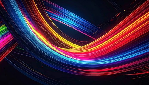 Abstract digital art featuring vibrant, intersecting neon lines creating a geometric pattern,