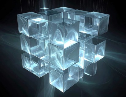 Abstract animation, glass cubes on black background, modern business wallpaper illustration, AI