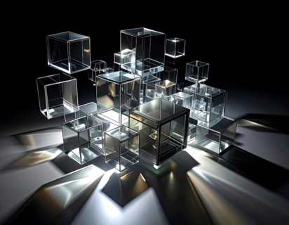 Abstract animation, glass cubes on black background, modern business wallpaper illustration, AI