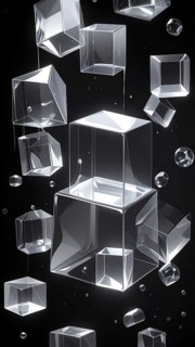 Abstract animation, glass cubes on black background, modern business wallpaper illustration, AI