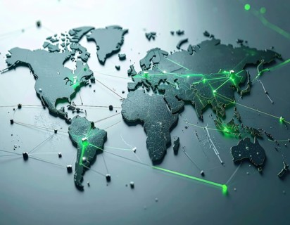 Abstract visualization of global rare earth supply network feeding EV industry, world map design,