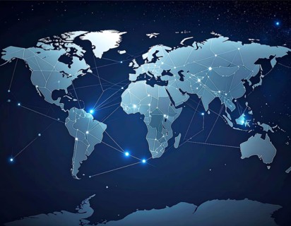 Abstract visualization of global rare earth supply network feeding EV industry, world map design,
