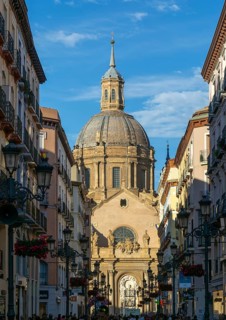View of Basilica of Our Lady of the Pillar cathedral church from Calle de Alfonso I, Zaragoza,