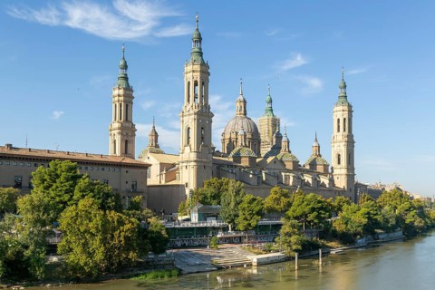 Basilica of Our Lady of the Pillar cathedral church, Zaragoza, Aragon, Spain, Europe view from