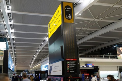 Sign for Security South at departures area, Terminal 5 London Heathrow airport, London, England, UK