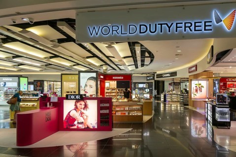 Perfume cosmetics brands on display Duty Free shopping area in departures lounge area, Terminal 5,