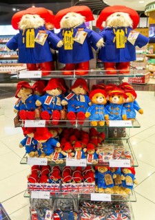 Paddington Bear toys on display, shopping area in departures lounge area, Terminal 5, London